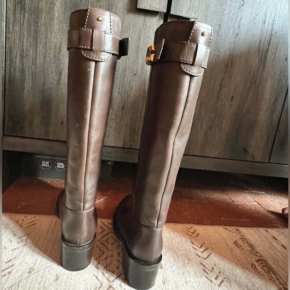 Gucci Brown Leather Knee-High Riding Boots with Gold GG Accent